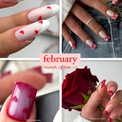 A collage of Valentine's inspiration, showcasing different ways to wear your heart on your nails. From classic red hearts on a French manicure to more abstract, edgy heart designs.