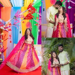 A collage of Prachi and Sandeep from their Mehendi ceremony. It captures the couple's portraits against the vibrant, festive backdrop.