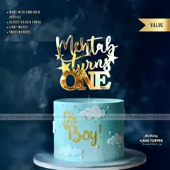 Celebrating a first birthday is so special. I created this sky-blue "Oh Boy!" cake for Mehtab's big day, complete with a custom "Mehtab turns ONE" topper in a glossy gold acrylic finish.