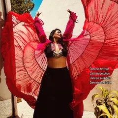 Let's dance our own light and fly high! A shot from a photoshoot celebrating International Dance Day, with wings made of red fabric to symbolize freedom and passion.