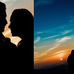 A diptych showing two silhouette styles from a sunset couple shoot. One is a tight close-up of their profiles, and the other is a wider shot capturing the vibrant colors of the sky.