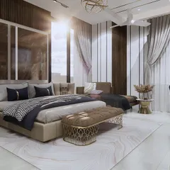 This spacious master bedroom is designed for comfort and luxury. The placement of the bed against a solid wall provides a sense of security, while the large windows welcome morning sunlight, energizing the space for the day ahead.