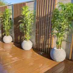 This image highlights the clean, modern aesthetic of a slatted wood privacy screen combined with a rich-toned wooden deck. The large, simple planters with tall palms add a vertical element and a touch of green against the warm wood.