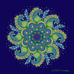 A stunning, full-circle digital mandala featuring intricate peacock motifs and a rich color palette of blues, greens, and golds, a prime example of my detailed mandala work.
