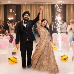 The grand entrance to the reception. Suntej and Manjit make their way through sparklers and smoke, ready to dance the night away.