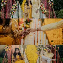A collage of key moments from a Haldi ceremony, including couple portraits, henna details, and playful interactions.