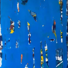 In this bold piece by Prabhakar Kolte, layers of vibrant blue dominate the canvas, allowing glimpses of rich colors to peek through. His unique approach to abstraction brings out a feeling of spontaneity, yet with a controlled rhythm.
