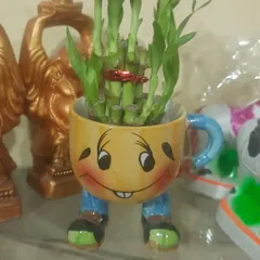 Another look at the smiley-face mug planter. It's a fun and whimsical way to display small plants and bring a smile to your face.