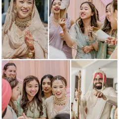 A collage filled with laughter and fun from a Sikh wedding in Bangkok, showcasing the playful 'joota chupai' shoe-stealing ritual and the bride's joy with her friends.