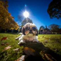 Soaking up the sun in style. This cool Shih Tzu knows how to enjoy a relaxing break in the grass between play sessions.