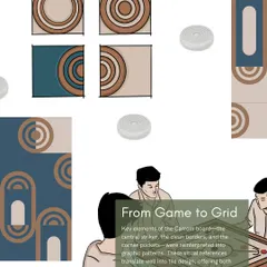 This mood board shows the translation of the Carrom board into a tile design. Key elements like the central striker, clean borders, and corner pockets were reinterpreted into graphic patterns that offer visual order and subtle movement.
