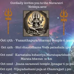 Our performance schedule for the Navaratri 2023 festival. As you can see, we offer our 'nrithya seve' at multiple venues across the city during this auspicious time.