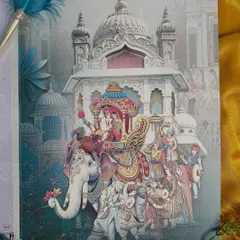This insert captures the grandeur of a royal procession, with a beautifully adorned elephant carrying the couple, a classic baraat scene.