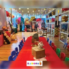 A view of our Harry Potter party setup, showing the themed decorations, character standees, and colorful seating that await the young wizards and witches.