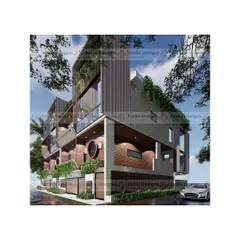 An angled perspective of the Twin House project, showcasing its multi-layered facade and the interplay of different materials and volumes. The design incorporates greenery on multiple levels to blend the structure with its surroundings.