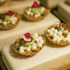 A close-up of my Surti Chaat amuse-bouche. This dish features crisp shells filled with dahi pearls, tamarind caviar, and chutney foam, showcasing how I deconstruct and elevate traditional chaat flavors.