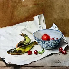 This demonstration from my one-month course explores a variety of textures: the shimmer of fish, the gloss of cherries, the cool porcelain of the bowl, and the crisp folds of paper.