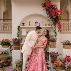 A candid moment of laughter at a colorful Haldi in Jaipur. The couple is framed by a backdrop of shelved niches filled with baskets of fresh flowers, adding texture and life to the setting.