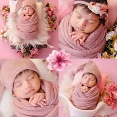 A floral fairytale in pink. This collage presents four different poses and angles from a single themed setup, showing the variety of shots we capture during one session.