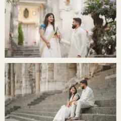 This collage shows the couple interacting on the ancient steps of Banganga. It captures both a posed, elegant shot and a more candid moment of them sitting and talking, showing the versatility of this beautiful heritage location.