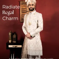 Radiate regal charm with a signature look. This intricately detailed sherwani is designed to make you feel like a modern Maharaja on your special day.