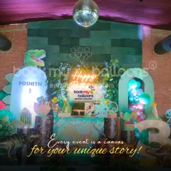 Every event is a canvas for a unique story. This dinosaur party for Poshith's 3rd birthday features a disco ball, neon lighting, and multiple dinosaur props, creating a cool and modern take on a prehistoric theme.