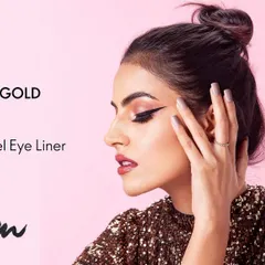 Another look from the same beauty campaign, this time showcasing a profile view. The styling is kept elegant and minimal to draw attention to the precise application of the gel eye liner.