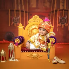 Capturing the spirit of a young king, this Bal Shivba themed portrait features a six-month-old baby in royal attire on a miniature throne. The setup includes a toy sword and traditional shoes, set against a backdrop of a Maratha fort.
