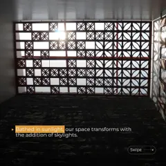 A terracotta jali screen is brought to life by the sun. This feature, seen here in the Shashidhar Residence, provides privacy and ventilation while casting intricate, moving patterns across the floor and walls.