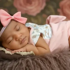 A sweet newborn girl with a pink bow sleeps peacefully on a soft, furry blanket, looking like a tiny doll.