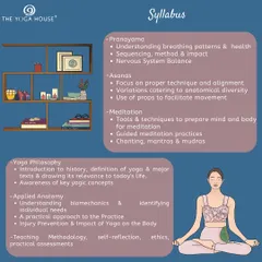 A detailed look at what our course covers. We emphasize a practical approach to anatomy to prevent injury, explore yogic philosophy's relevance today, and provide tools for meditation, including mantras and mudras.