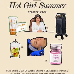 This "Hot Girl Summer Starter Pack" graphic playfully showcases our essential summer treatments. It includes our expert, Dr. Surbhi Sharma, along with key services like IV drips and HydraFacials that help you look and feel flawless.