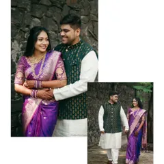 Ashlesha and Harsh in their stunning traditional attire. The rich purple of her Paithani saree contrasts beautifully with the green tones of his jacket, captured against a rustic stone wall.