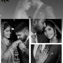 A collage of black and white photos capturing the couple's romantic interactions and details like holding hands.