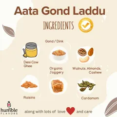 I believe in transparency, so here are the simple, honest ingredients that go into my Aata Gond Laddus. You'll find desi cow ghee, gond (dink), organic jaggery, and a mix of walnuts, almonds, and cashews, all brought together with a hint of cardamom.