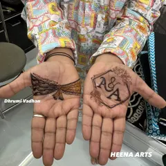 A close up of the modern initial design. I focus on making every line sharp and precise, which is especially important for minimalist henna art. The small floral accents add a touch of softness to the geometric shape.