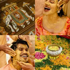 A collage capturing the essence of the Haldi ceremony: the decor, the laughter, the joy, and the vibrant colors of the flowers.