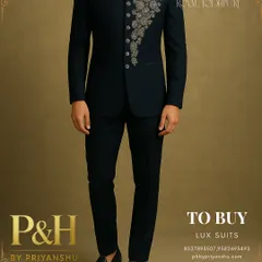 A view from a slight distance, showing how the complete navy blue Jodhpuri ensemble creates a powerful and cohesive statement of style.