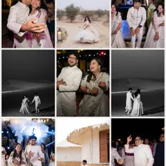 A collage capturing the 'Ivory Dream' sangeet night in the deserts of Jaisalmer. We styled the entire family in shades of ivory for a look that was ethereal, elegant, and reminiscent of a Sanjay Leela Bhansali film.