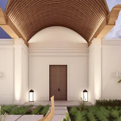 The front entrance render for "Kettuvallam," showcasing the dramatic, curved wooden roof that defines the project. This design blends traditional inspiration with modern architectural forms.