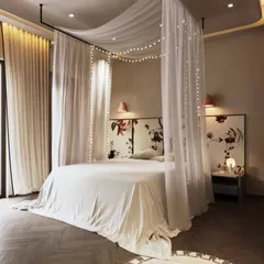 A series of renders for a dreamy, romantic bedroom. We visualized a four-poster bed draped in sheer fabric and fairy lights, creating a soft, ethereal, and inviting atmosphere from multiple angles.