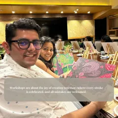 A smiling participant at a private party, proud of his creation. My workshops are all about the joy of creating together, where every brushstroke is celebrated and all mistakes are welcomed.