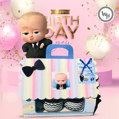 Welcome your own little boss with this fun birthday hamper. The Boss Baby theme is perfect for a first birthday, and the box is designed to hold cupcakes or other return gifts.