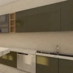 A different angle of the large kitchen design, showing the placement of the sink, dishwasher, and ample overhead storage. 3D visualization is key for planning such a large and complex space.