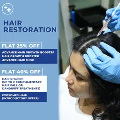 A patient receiving a hair restoration treatment at our clinic. We offer customized plans that may include Advanced Hair Growth Boosters, Hair Meso, GFC/PRP, or Exosomes to address your specific hair concerns.