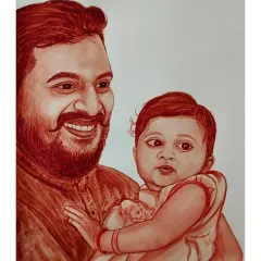 A heartwarming blood portrait of a father and his baby. These pieces are a powerful way to capture the special bond between a parent and child.