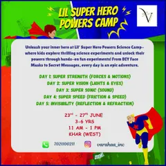 Unleash your child's inner hero at my Lil' Super Hero Powers Camp. Each day focuses on a different "power" like super strength or invisibility, which we explore through thrilling science experiments about forces, light, and sound.