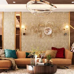 A warm and inviting living room featuring an L-shaped sectional sofa in a rich tan color. We used a combination of textured wallpaper, wood paneling, and metallic wall decor to create a layered and comfortable family space.