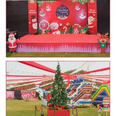 A collage from a Christmas carnival, showing the main stage with a festive backdrop and a wide view of the outdoor setup with a Christmas tree and inflatable rides.