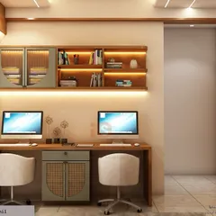 A 3D render of a functional and stylish home office for two. The design includes a shared desk, comfortable chairs, and ample overhead storage with integrated lighting.